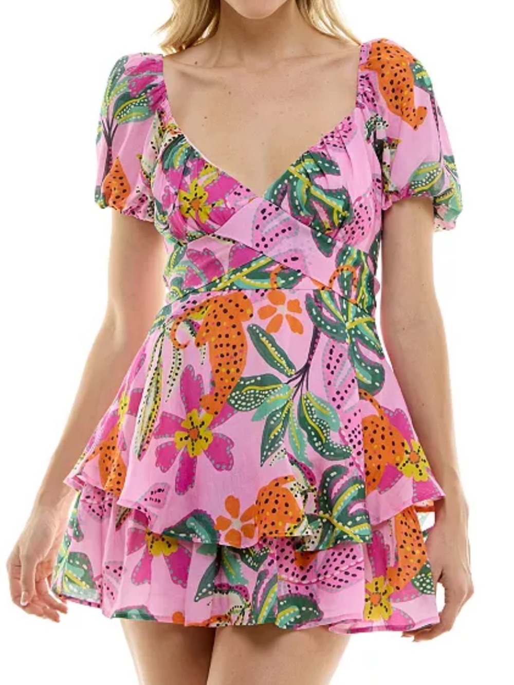 Boho Crystal Sky Pink Tropical Floral Tiered Mini Dress Back Tie Fit + Flare M